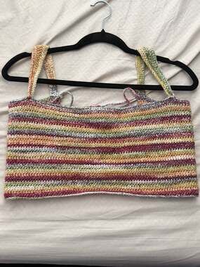 Multi-Color Striped Crochet Lace-Up Back Crop Top